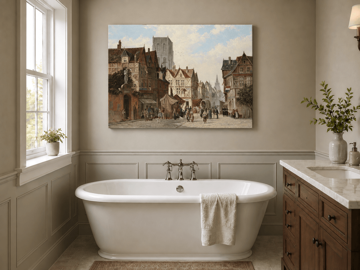 Landscape Oil Painting - European Old Town Street Market, Figures
