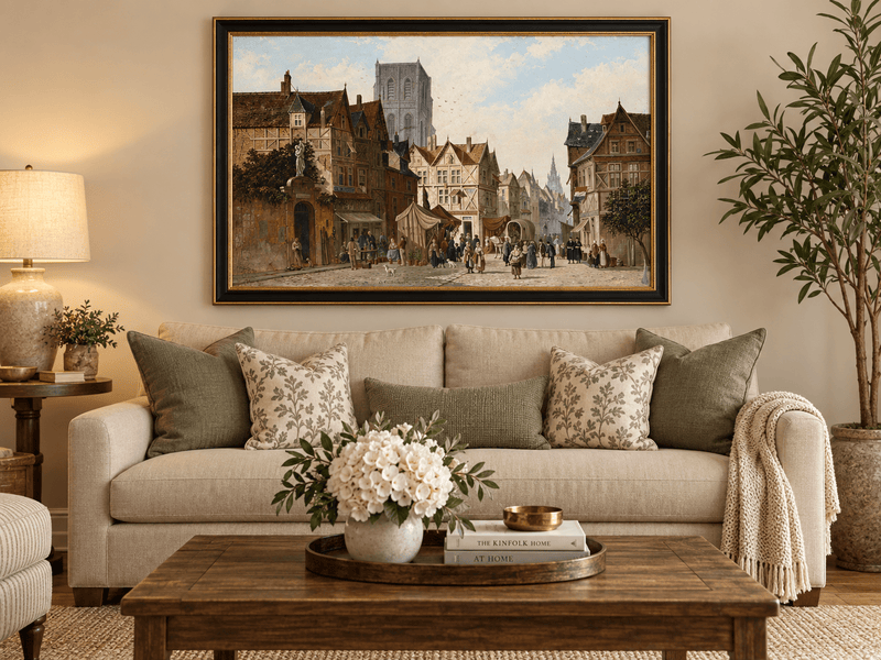 Landscape Oil Painting - European Old Town Street Market, Figures