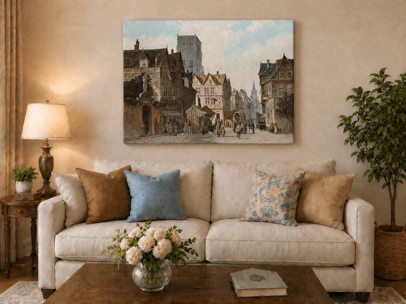 Landscape Oil Painting - European Old Town Street Market, Figures