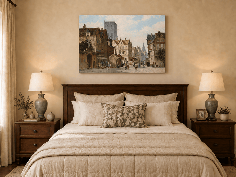Landscape Oil Painting - European Old Town Street Market, Figures
