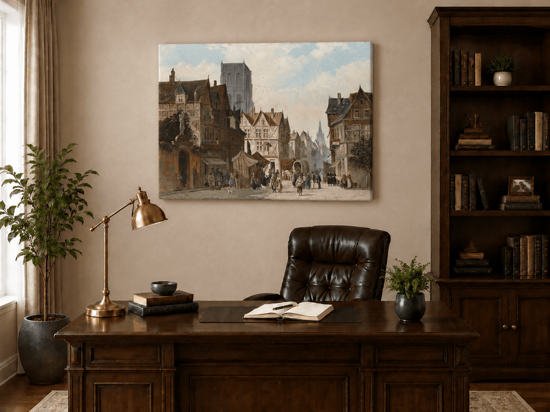 Landscape Oil Painting - European Old Town Street Market, Figures