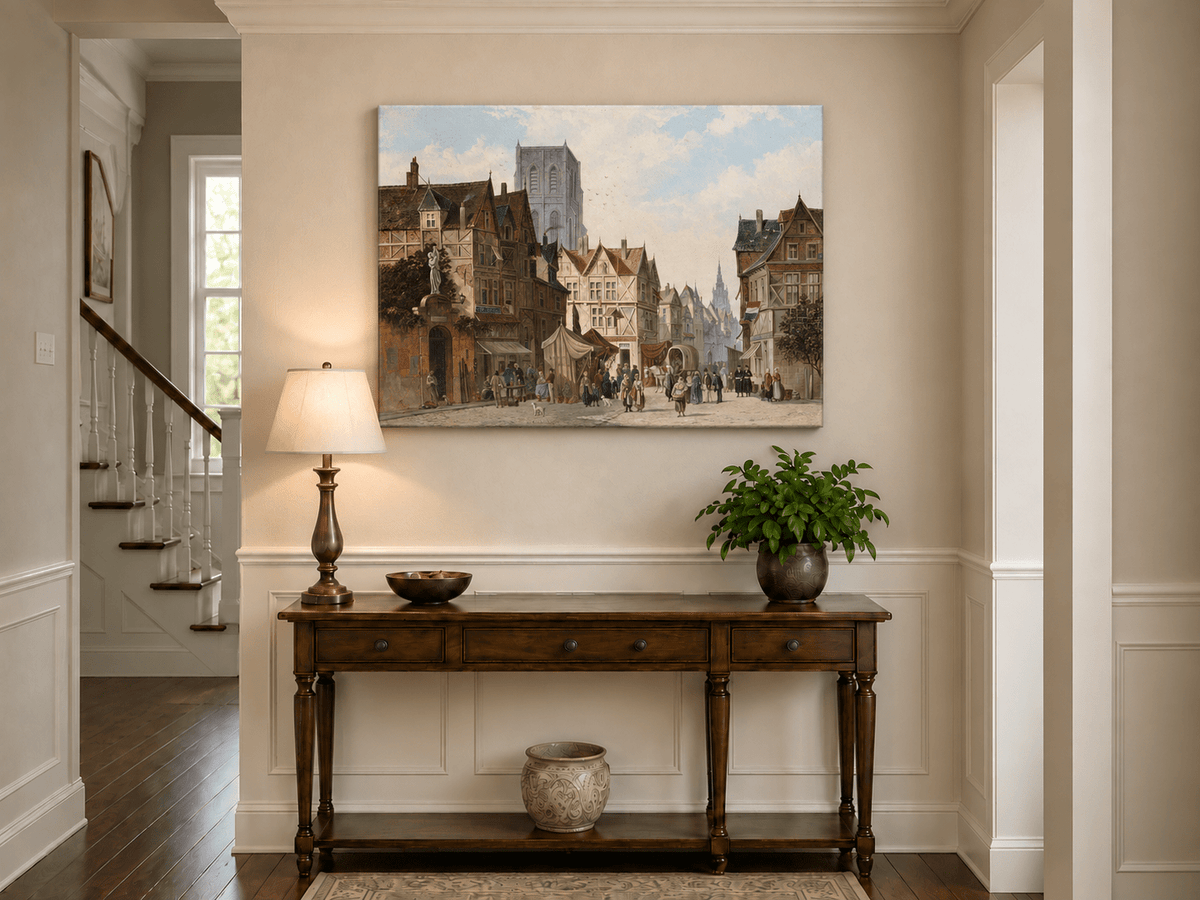 Landscape Oil Painting - European Old Town Street Market, Figures