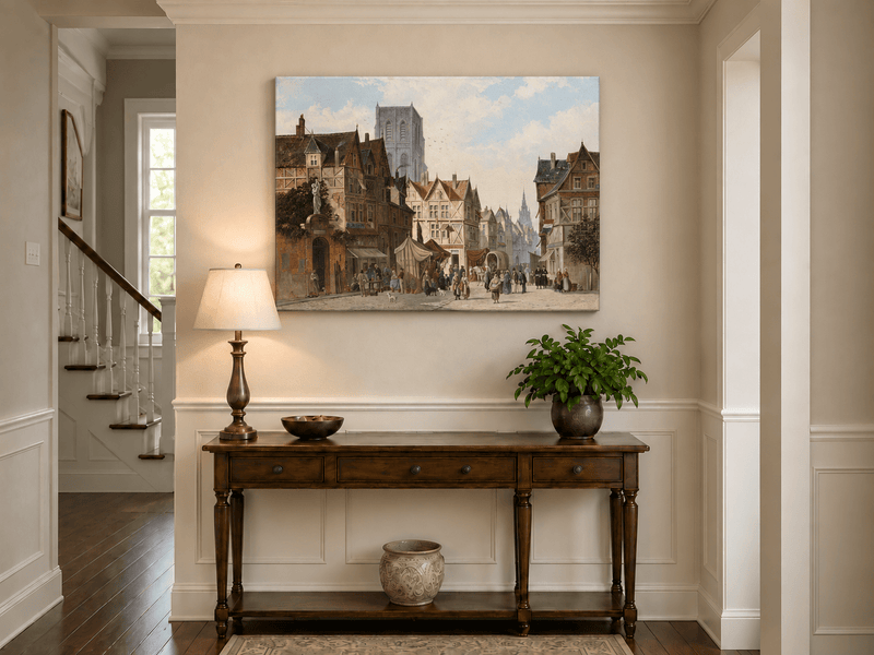 Landscape Oil Painting - European Old Town Street Market, Figures
