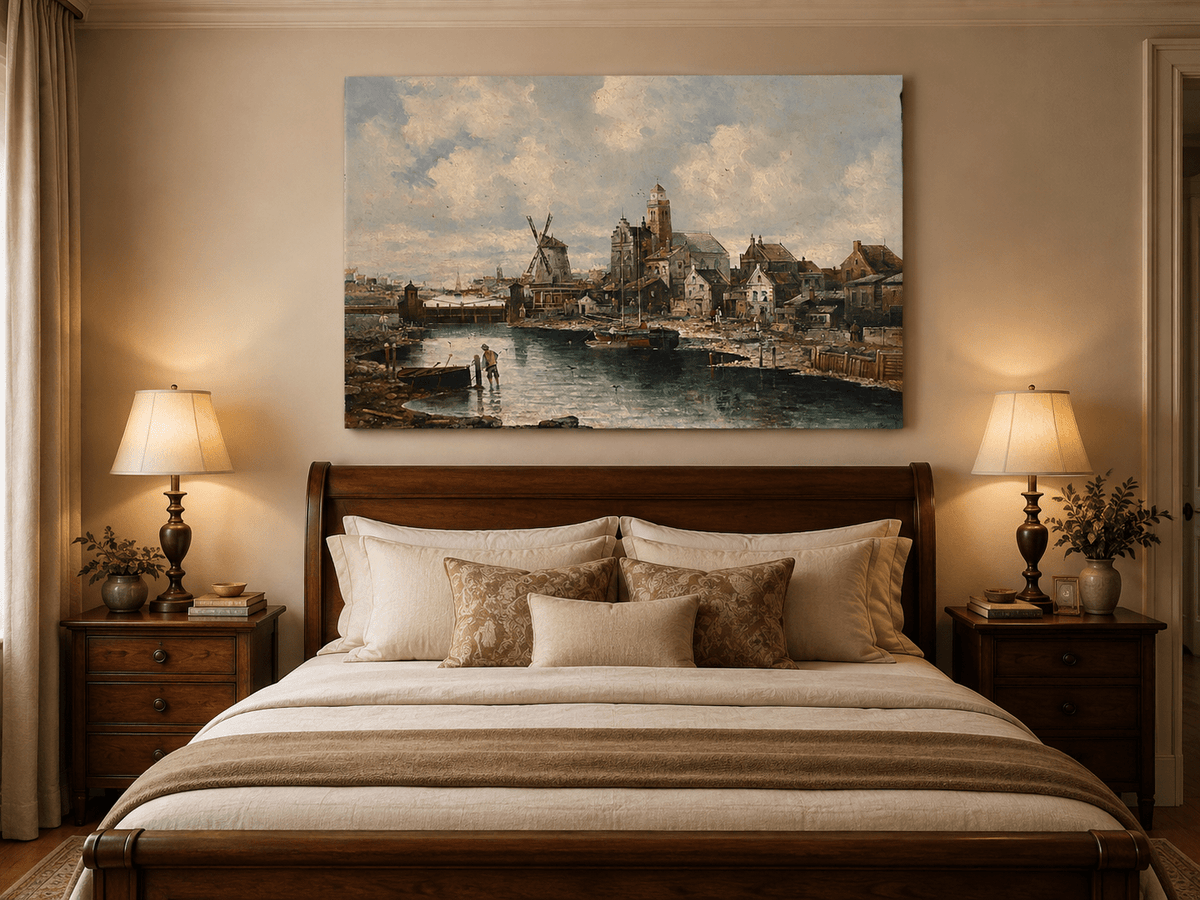 Landscape Oil Painting - European River Harbor Windmill & Town