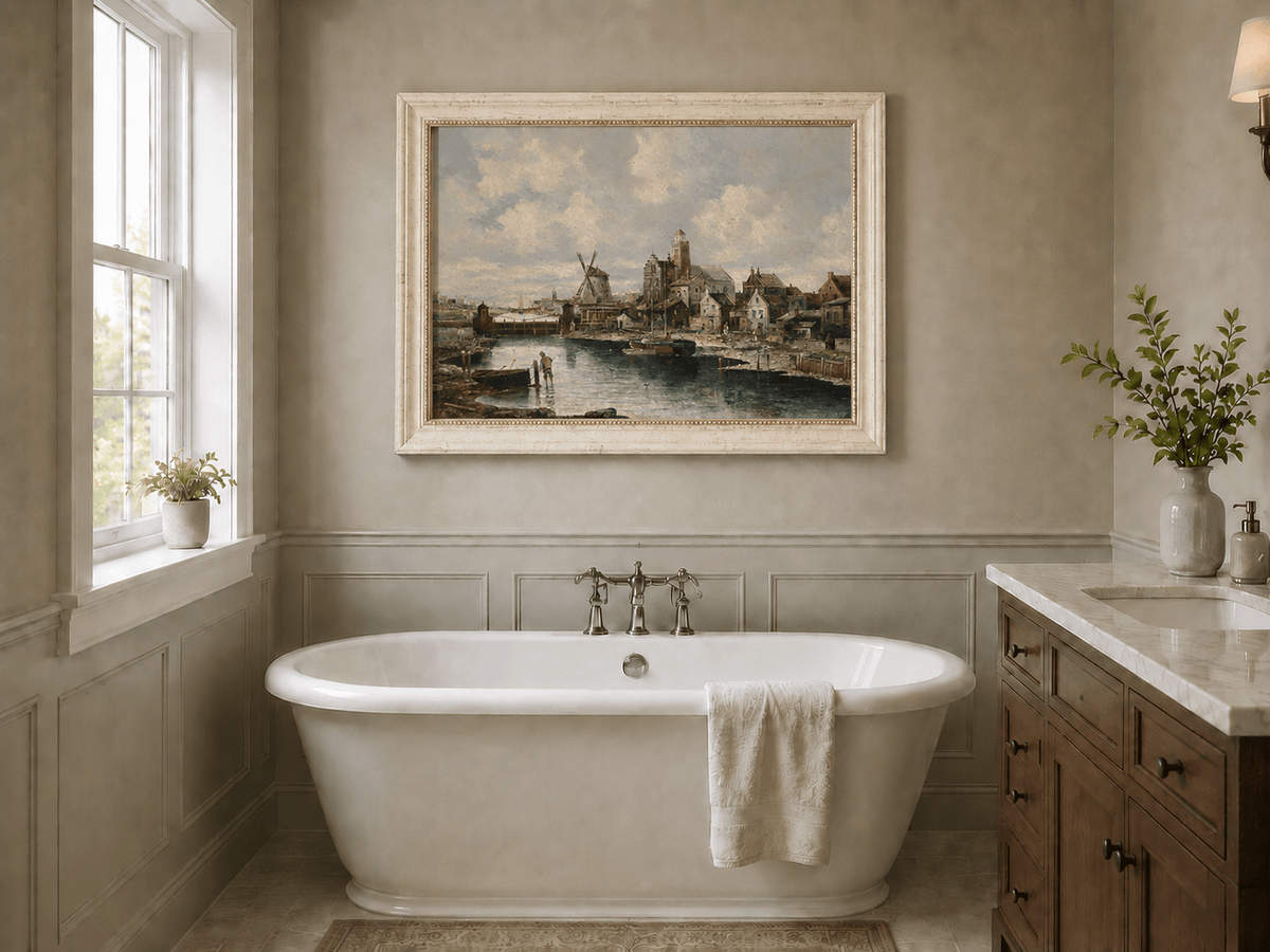 Landscape Oil Painting - European River Harbor Windmill & Town