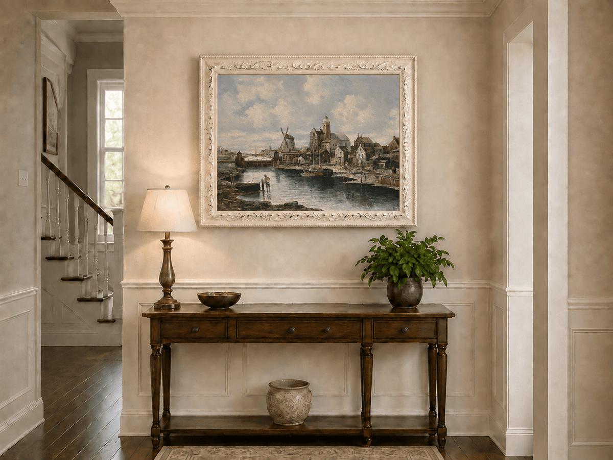 Landscape Oil Painting - European River Harbor Windmill & Town