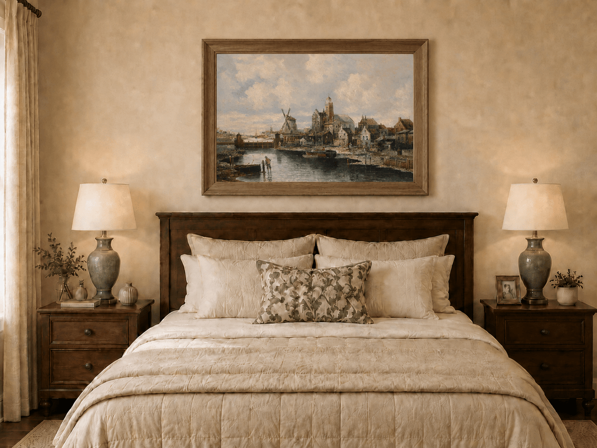Landscape Oil Painting - European River Harbor Windmill & Town