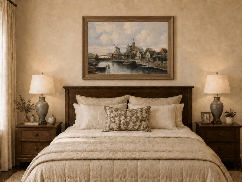 Landscape Oil Painting - European River Harbor Windmill & Town