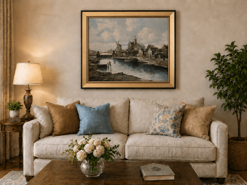 Landscape Oil Painting - European River Harbor Windmill & Town
