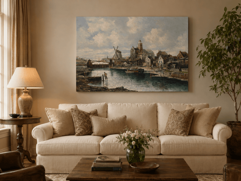 Landscape Oil Painting - European River Harbor Windmill & Town