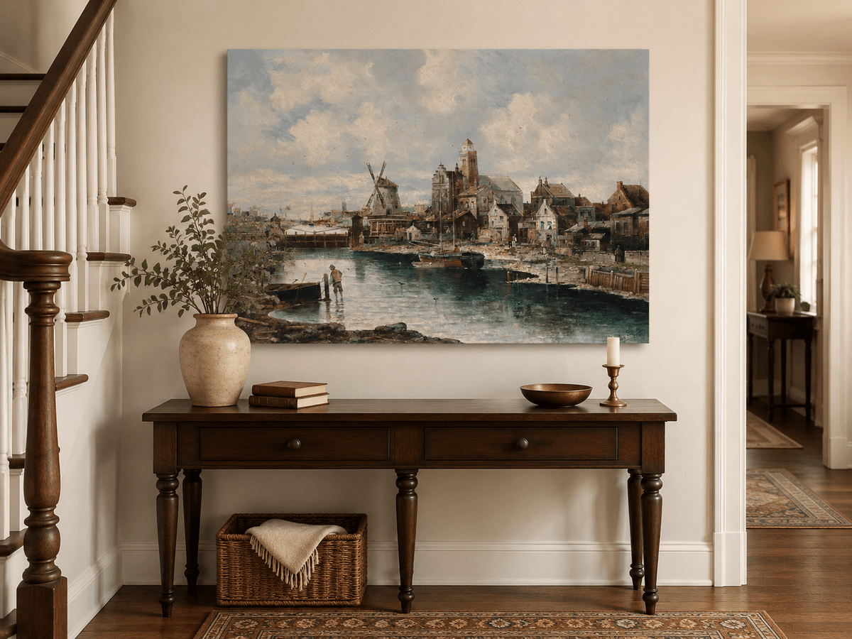 Landscape Oil Painting - European River Harbor Windmill & Town