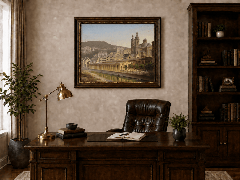 Landscape Oil Painting - European Riverside City with Cathedral
