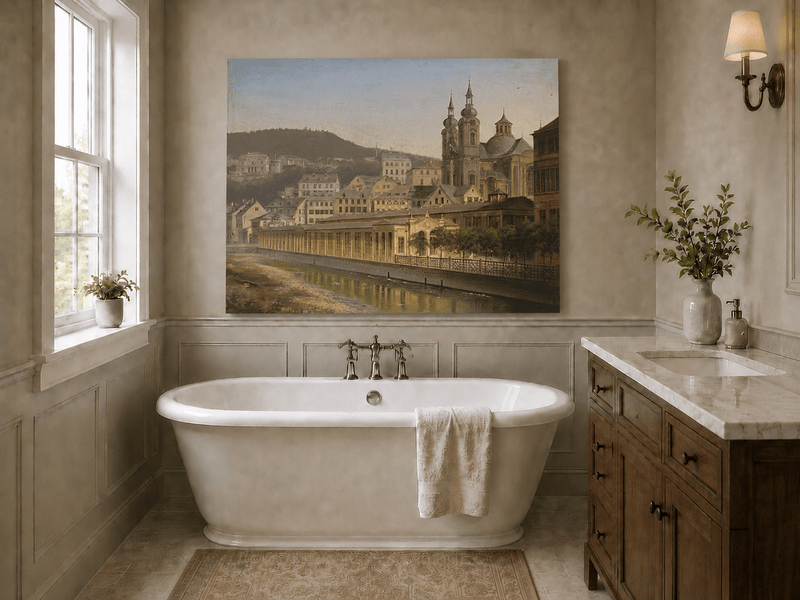 Landscape Oil Painting - European Riverside City with Cathedral
