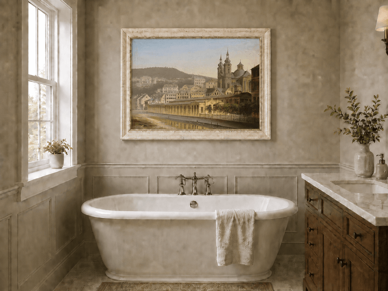 Landscape Oil Painting - European Riverside City with Cathedral