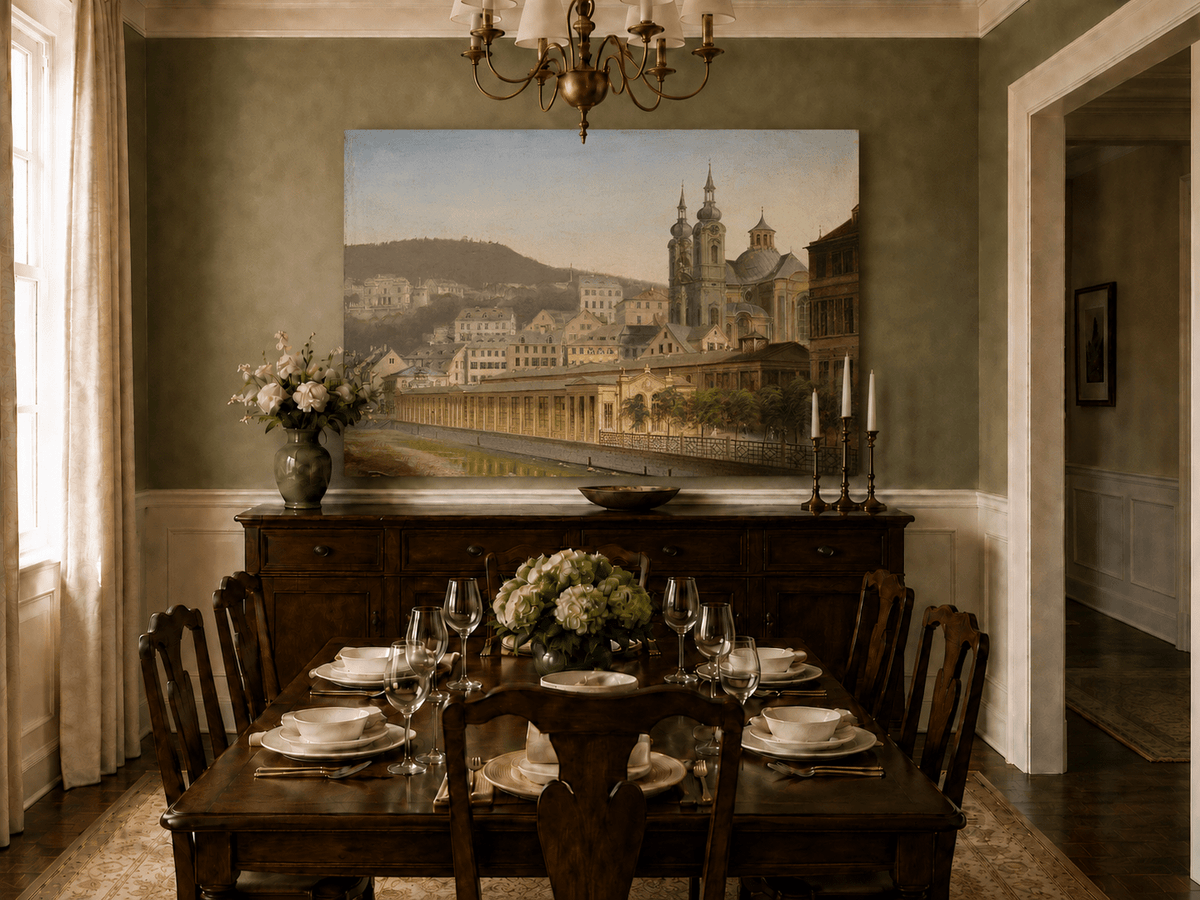 Landscape Oil Painting - European Riverside City with Cathedral