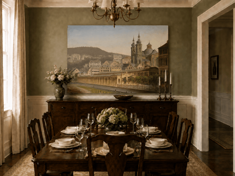 Landscape Oil Painting - European Riverside City with Cathedral
