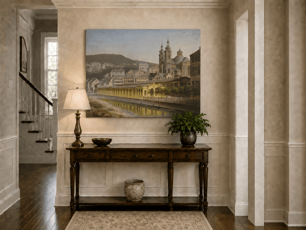 Landscape Oil Painting - European Riverside City with Cathedral
