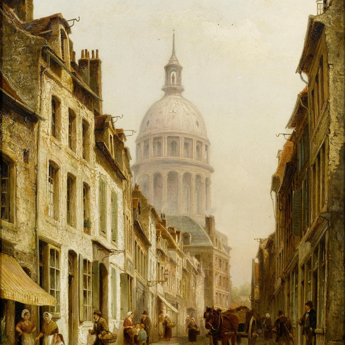 Hand-painted european street with cathedral dome landscape oil painting on canvas