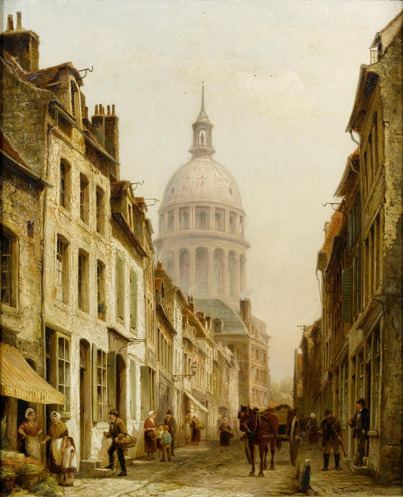 Hand-painted european street with cathedral dome landscape oil painting on canvas