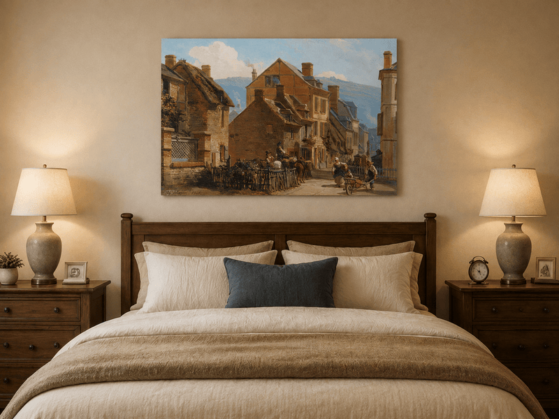 European village street scene oil painting displayed as landscape wall decor.