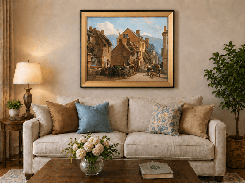 European village street scene hand-painted landscape oil painting displayed in a styled home interior.