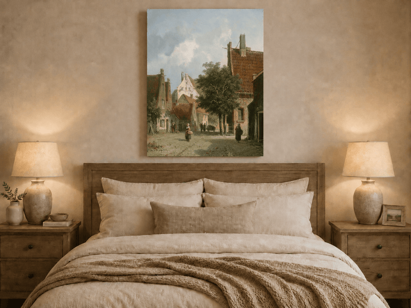 European village street scene oil painting displayed as landscape wall decor.