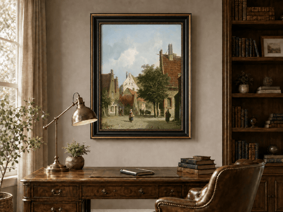 European village street scene landscape oil painting presented in an interior wall art mockup.
