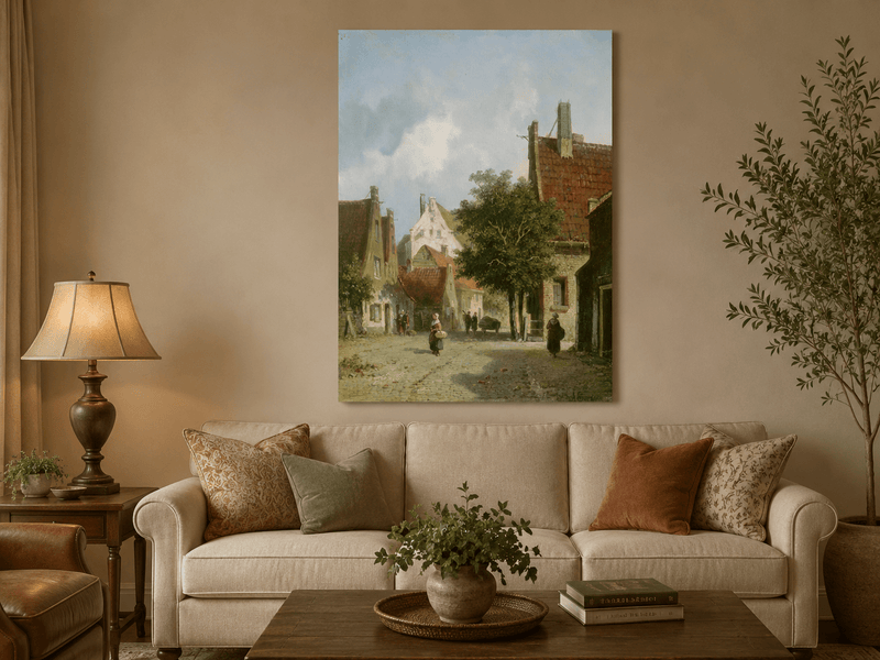 European village street scene hand-painted oil artwork displayed in a second interior view.