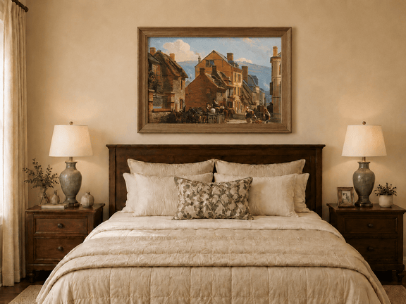 Hand-painted European village street scene artwork displayed as decorative wall art.