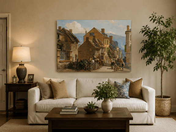 European village street scene hand-painted oil artwork displayed in a second interior view.