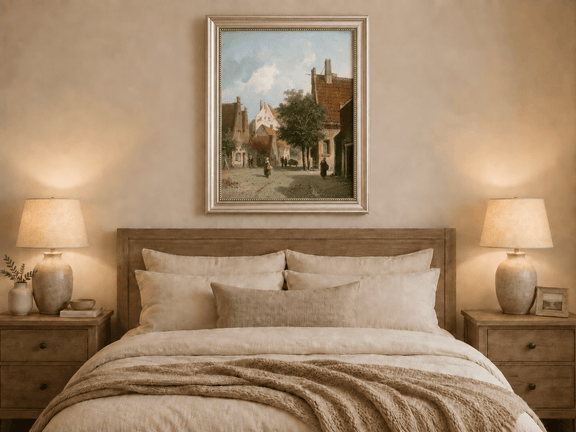 Hand-painted European village street scene artwork displayed as decorative wall art.