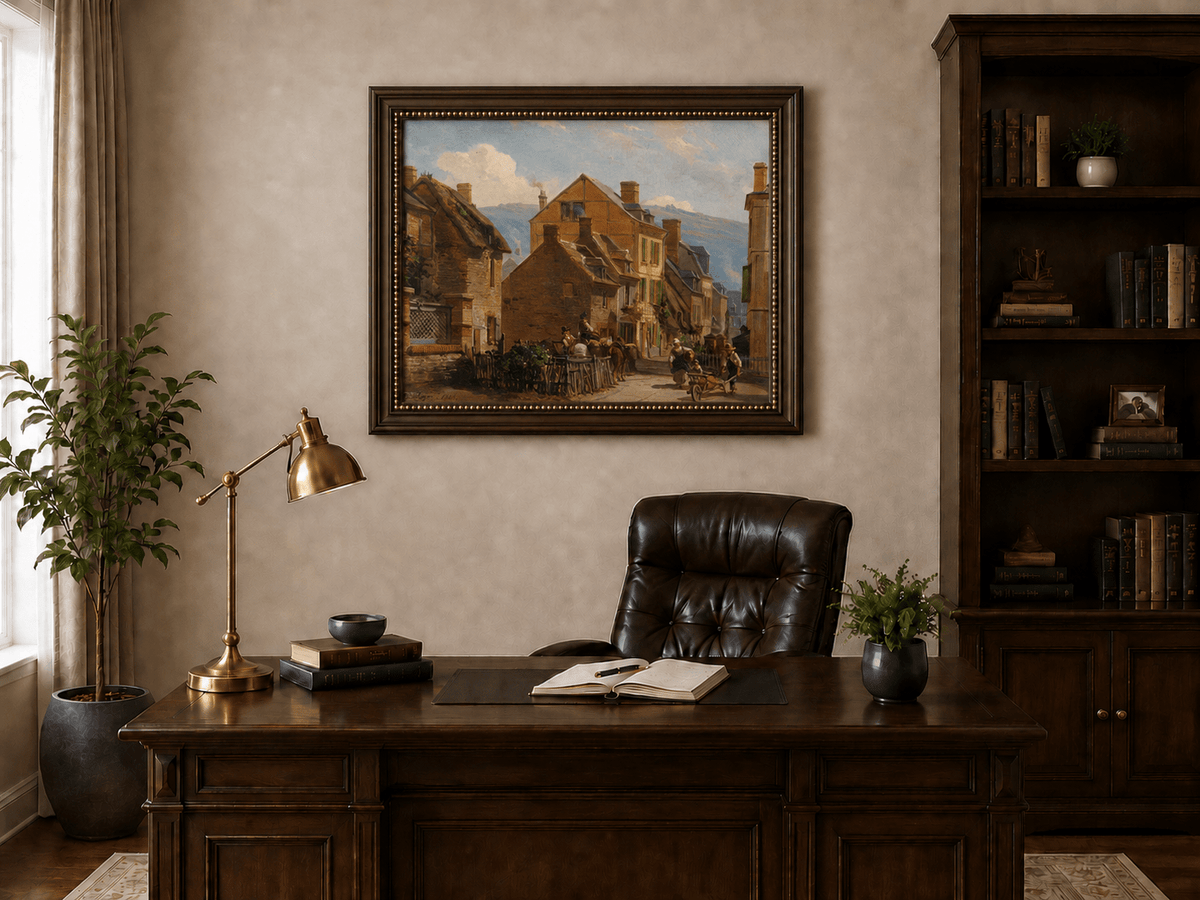 European village street scene landscape oil painting presented in an interior wall art mockup.