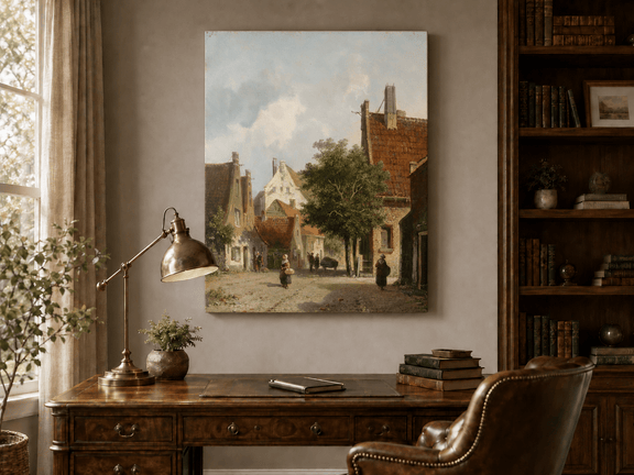 Interior wall art view featuring a European village street scene landscape oil painting.