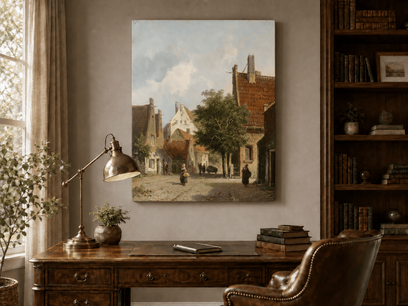 Interior wall art view featuring a European village street scene landscape oil painting.