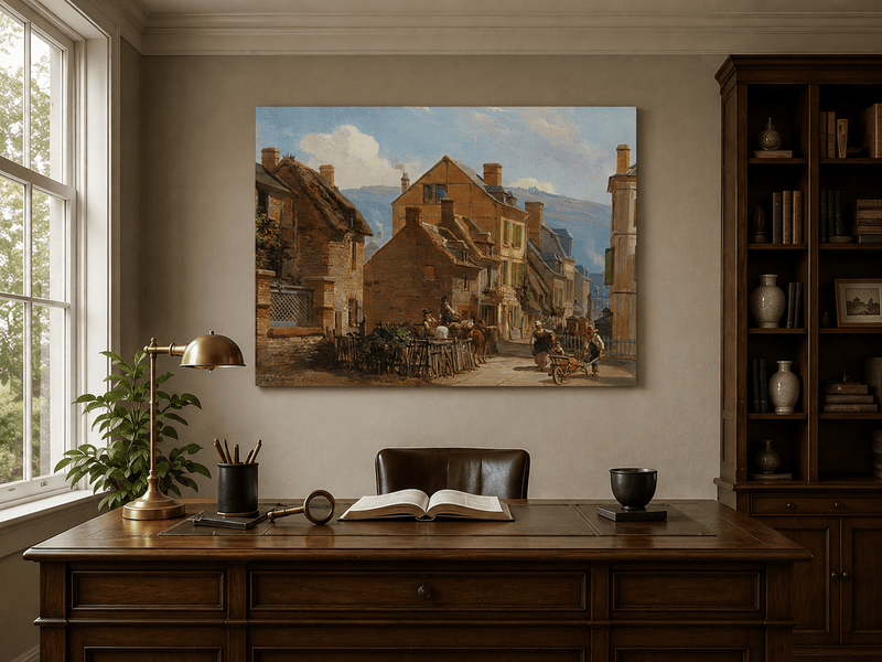Interior wall art view featuring a European village street scene landscape oil painting.