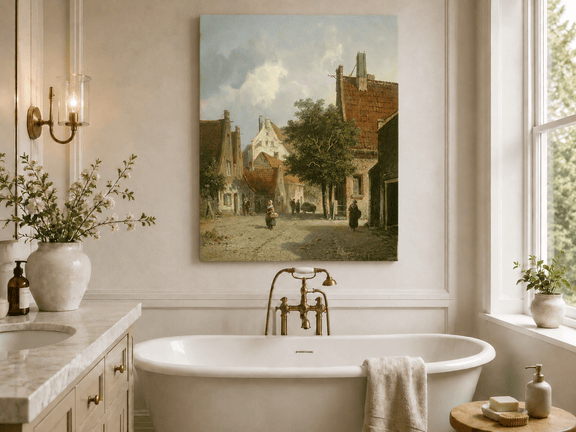 European village street scene landscape oil painting presented as styled home decor.