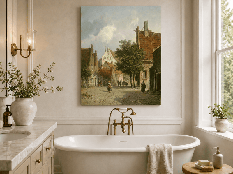 European village street scene landscape oil painting presented as styled home decor.