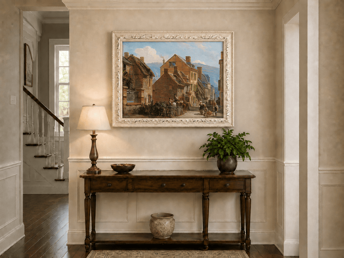 European village street scene oil artwork shown as home wall decor.