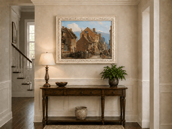European village street scene oil artwork shown as home wall decor.