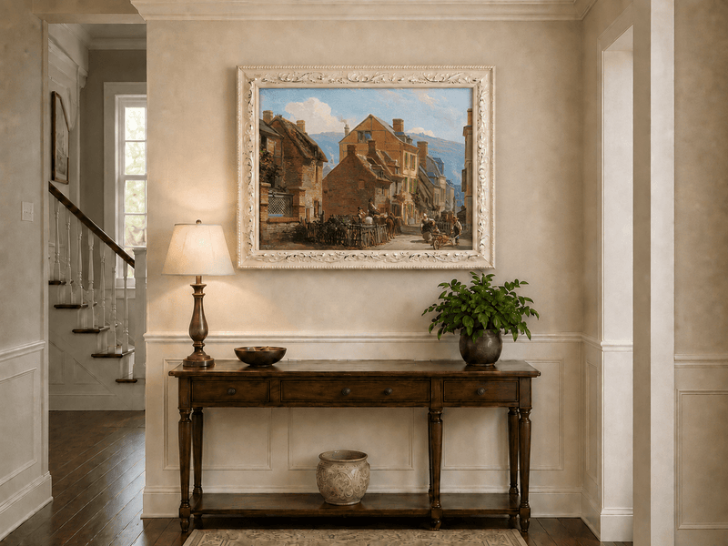 European village street scene oil artwork shown as home wall decor.
