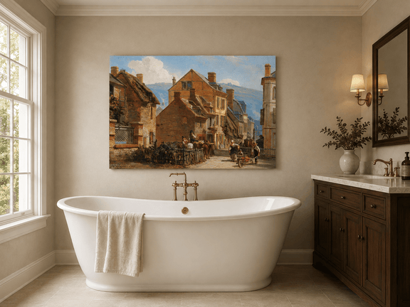 European village street scene landscape oil painting presented as styled home decor.