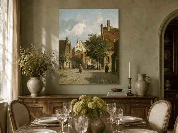 Hand-painted European village street scene landscape artwork in an interior display.