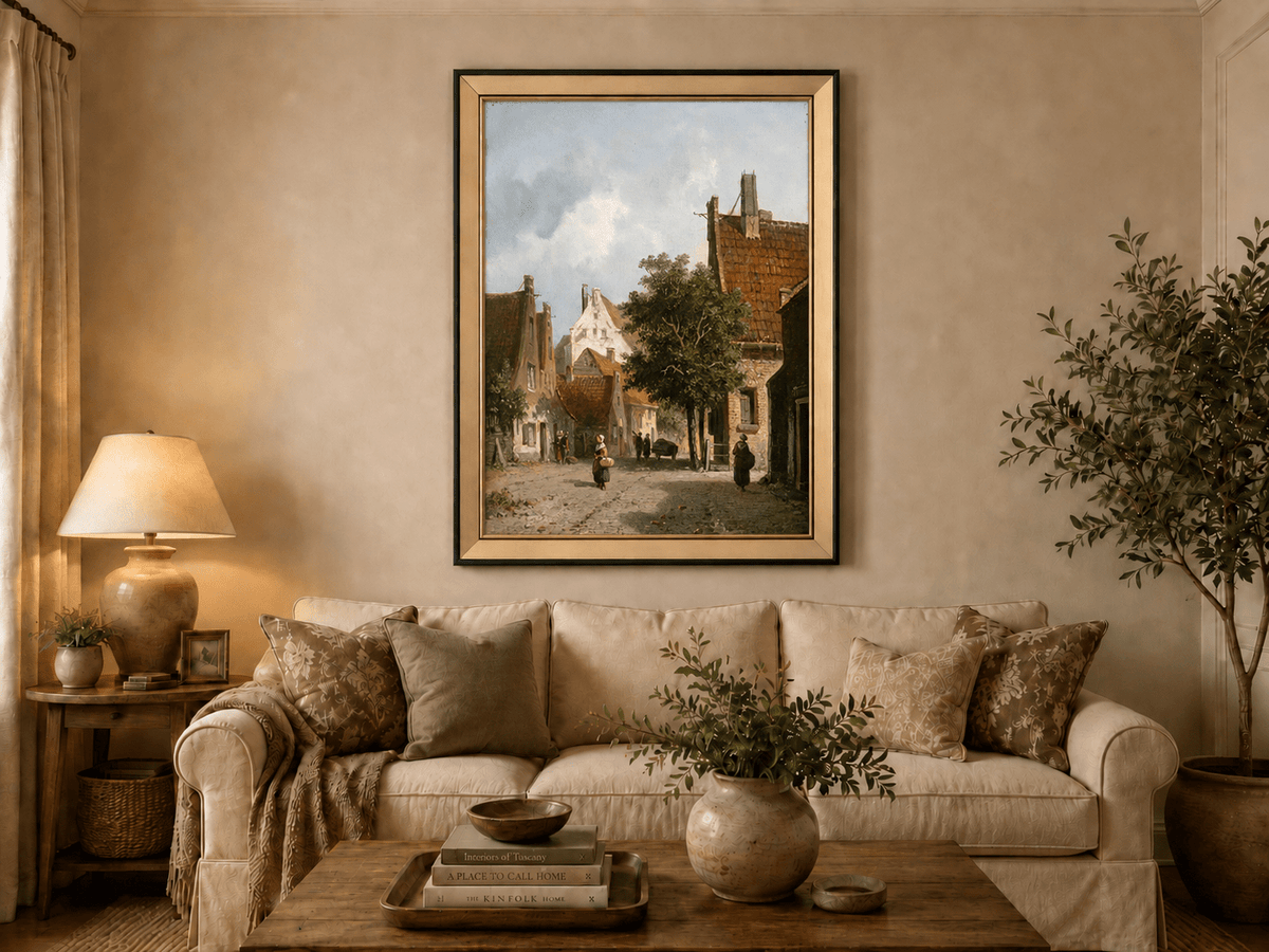 European village street scene landscape oil painting displayed in a styled home interior.