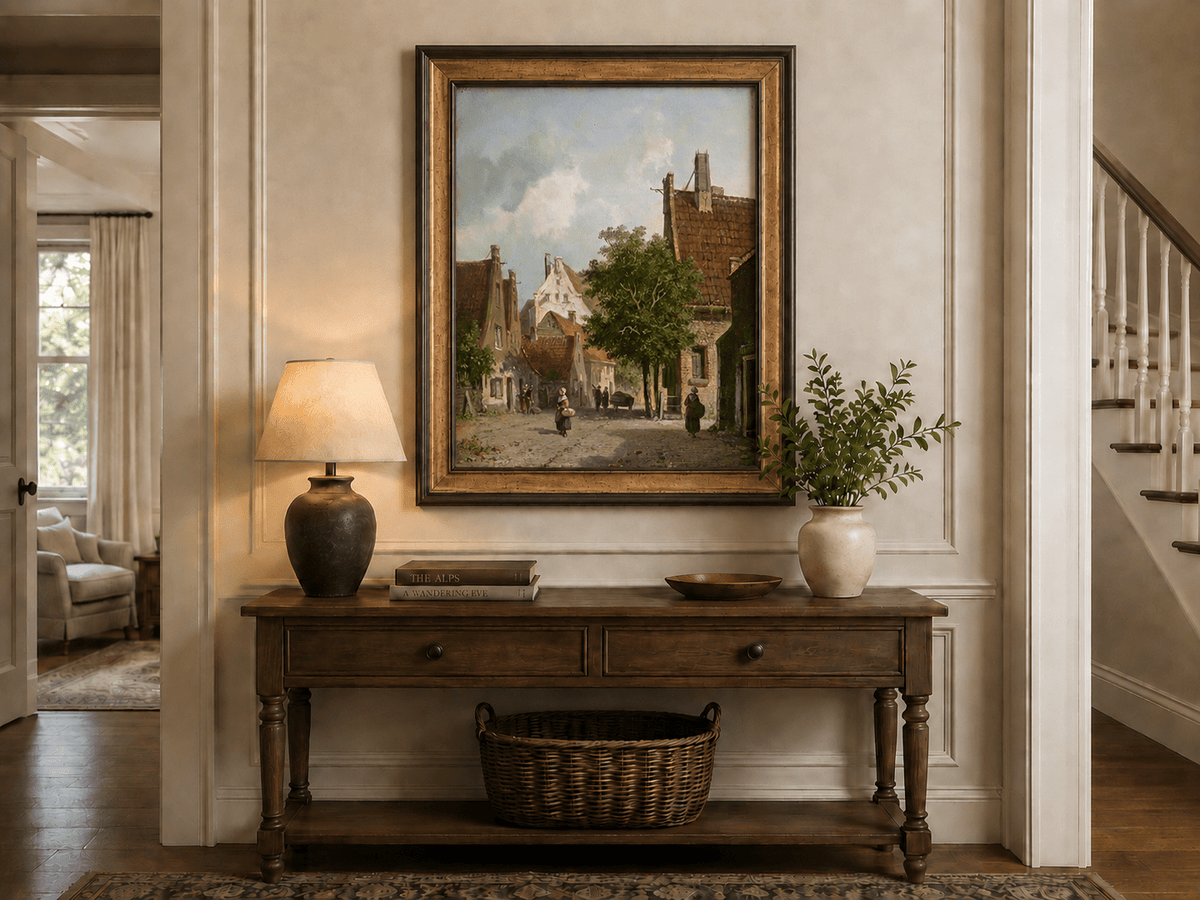 European village street scene hand-painted oil artwork shown as home wall decor.