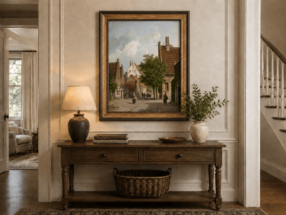 European village street scene hand-painted oil artwork shown as home wall decor.