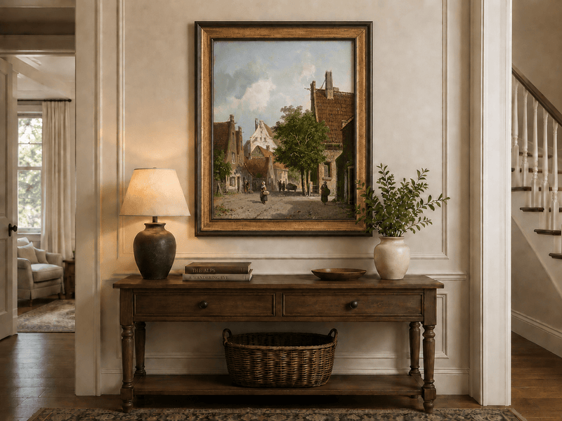 European village street scene hand-painted oil artwork shown as home wall decor.