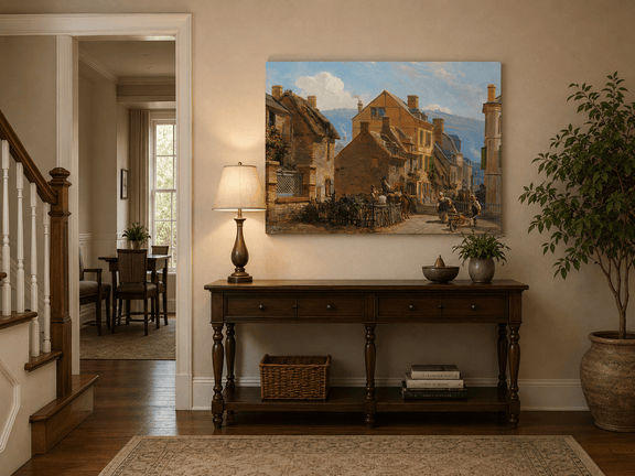 European village street scene landscape painting shown as decorative oil wall art.