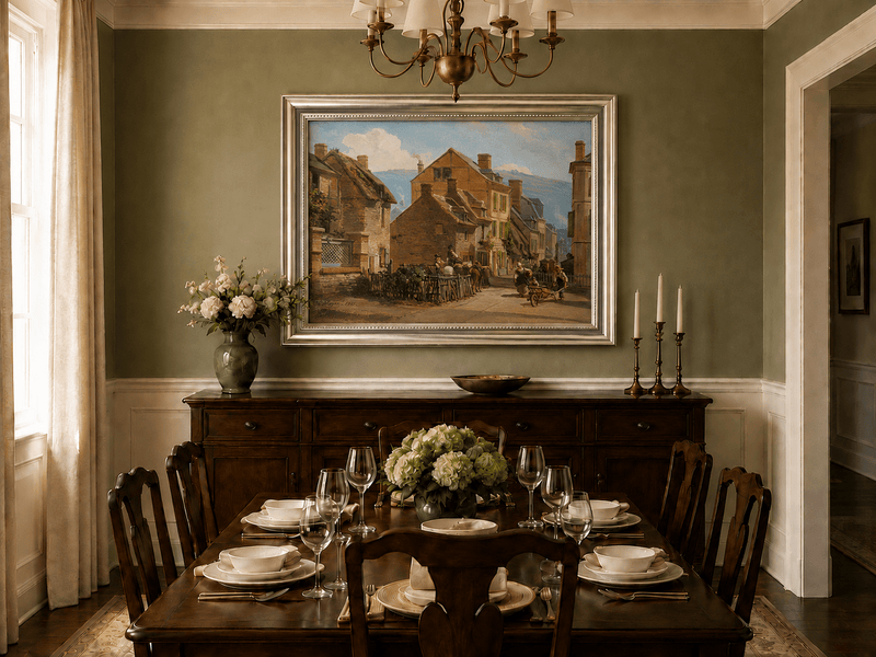 European village street scene oil landscape artwork shown in a styled home interior.