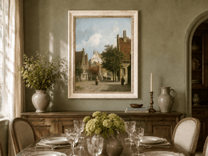 European village street scene oil landscape artwork shown in a styled home interior.