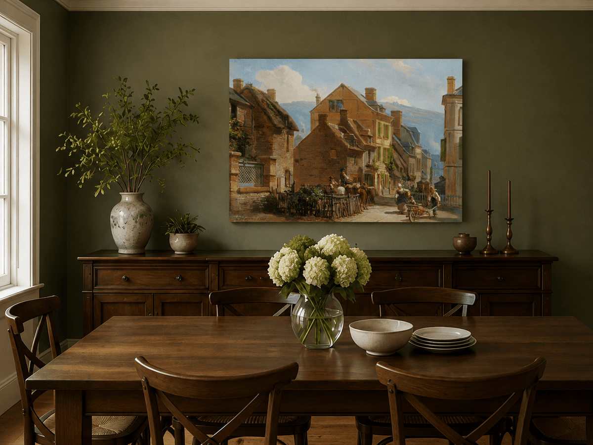 Hand-painted European village street scene landscape artwork in an interior display.